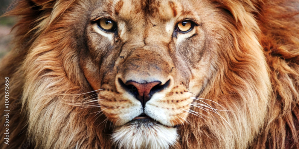 Fototapeta premium A close-up of a lion's face showcases intense eyes and a majestic mane. The regal expression on the lion highlights its strength and presence.AI generated.
