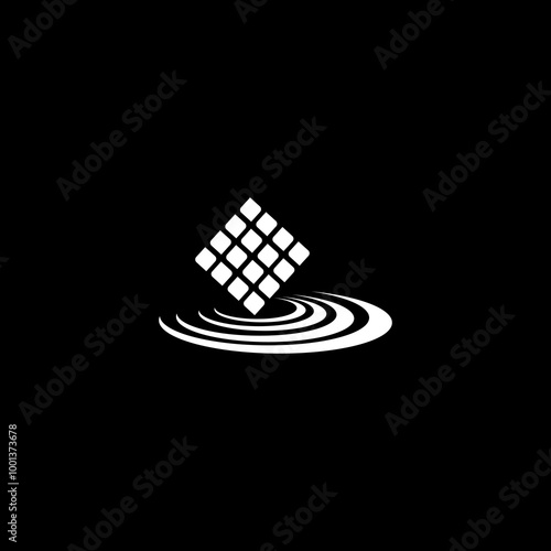 A stylized graphic of a diamond shape above rippling water.