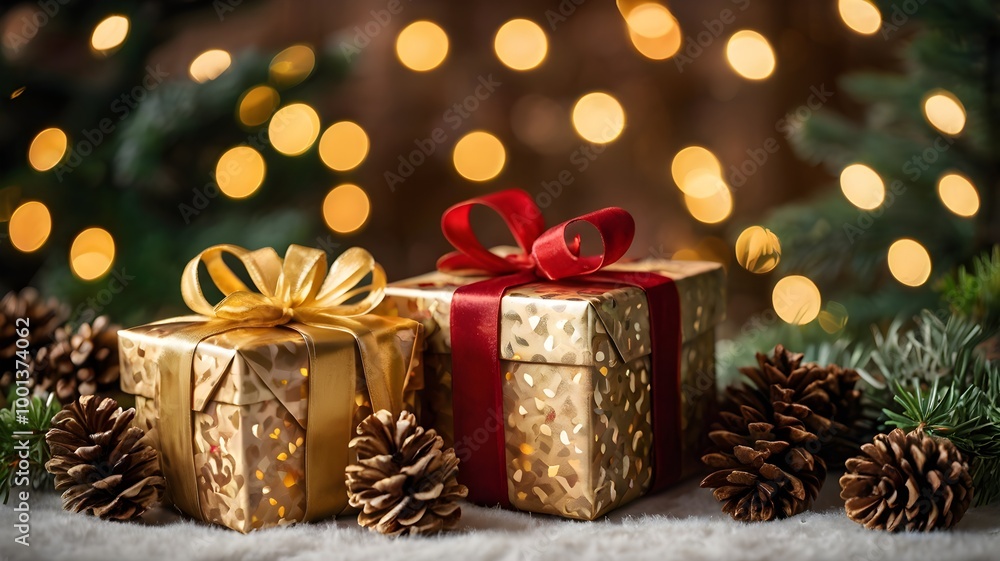 Christmas and new year background - gift boxes and pine cones and branches. Christmas and new year background - gift boxes and pine cones and branches.