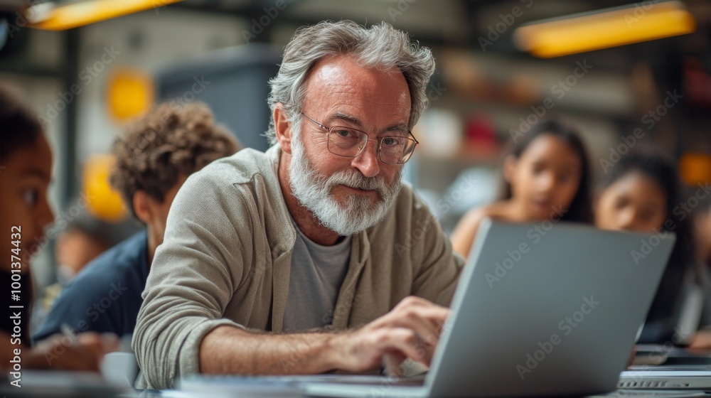 Older teacher with students using laptop in classroom Older teacher with students using laptop in classroom