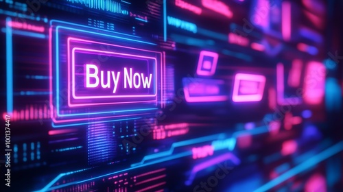 A digital interface showcasing vibrant "Buy Now" buttons amidst a futuristic backdrop of neon colors and circuitry.