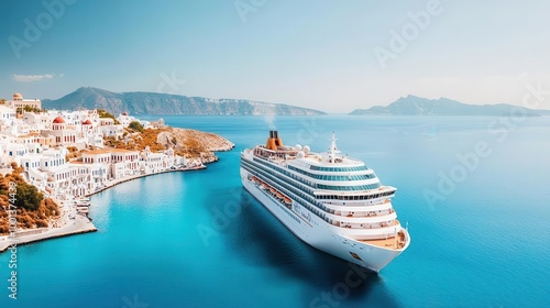 Cruise ship docked at a vibrant Greek island, with whitewashed buildings and azure seas, Greek island dock, Mediterranean charm photo