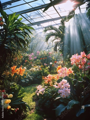 Sunbeams Through the Greenhouse: Sunlight streams through the glass roof of a vibrant botanical garden, illuminating a lush landscape of colorful orchids and tropical plants.