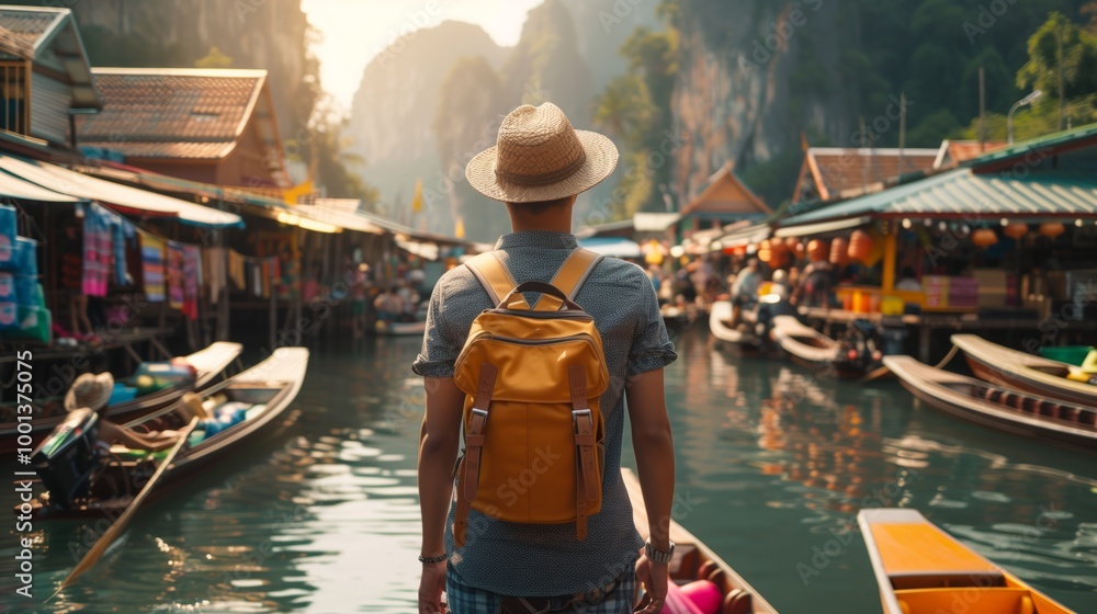 A traveler explores a vibrant floating market in Thailand during the golden hour, surrounded by traditional boats and lush scenery A traveler explores a vibrant floating market in Thailand during the golden hour, surrounded by traditional boats and lush scenery