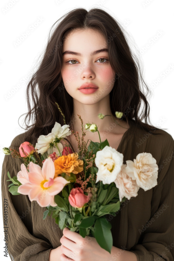 A woman is holding a bouquet of flowers in her hands. on transparent background png A woman is holding a bouquet of flowers in her hands. on transparent background png