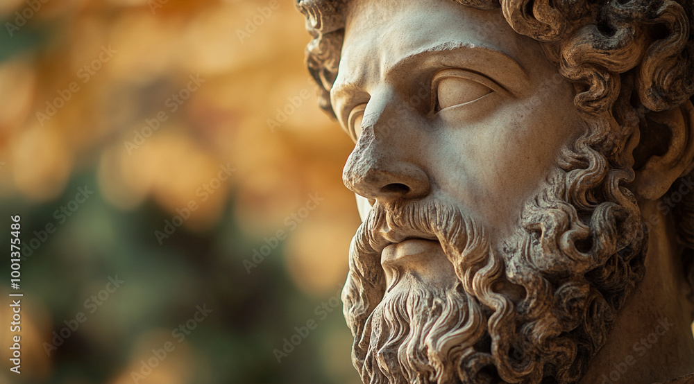 A close-up of an ancient Greek sculpture, depicting the head and shoulders of Zeus with his iconic beard and curly hair. The background is blurred to emphasize him, set in a classical architectural A close-up of an ancient Greek sculpture, depicting the head and shoulders of Zeus with his iconic beard and curly hair. The background is blurred to emphasize him, set in a classical architectural