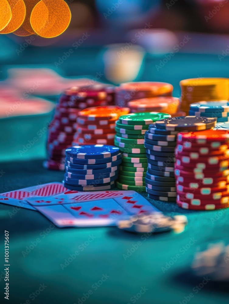 Vibrant casino table with colorful stacks of poker chips and playing cards ready for action in a lively gambling atmosphere. Generative AI Vibrant casino table with colorful stacks of poker chips and playing cards ready for action in a lively gambling atmosphere. Generative AI