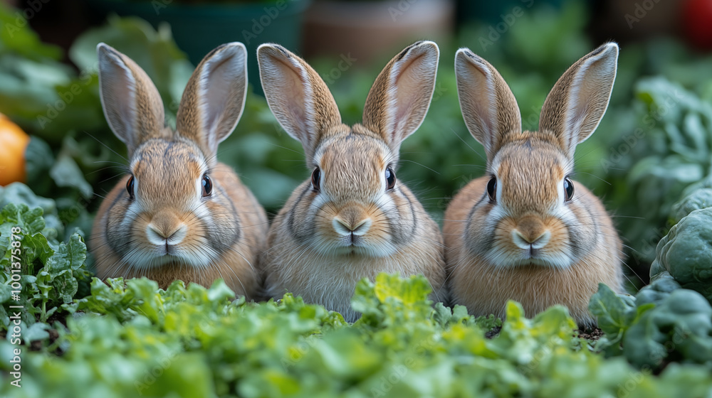 Obraz premium Three adorable brown rabbits sitting among green leafy vegetables