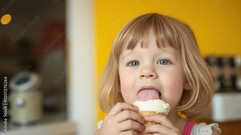 A little girl is deliciously eating an ice cream cone, a blurry light yellow background. A little girl is deliciously eating an ice cream cone, a blurry light yellow background.