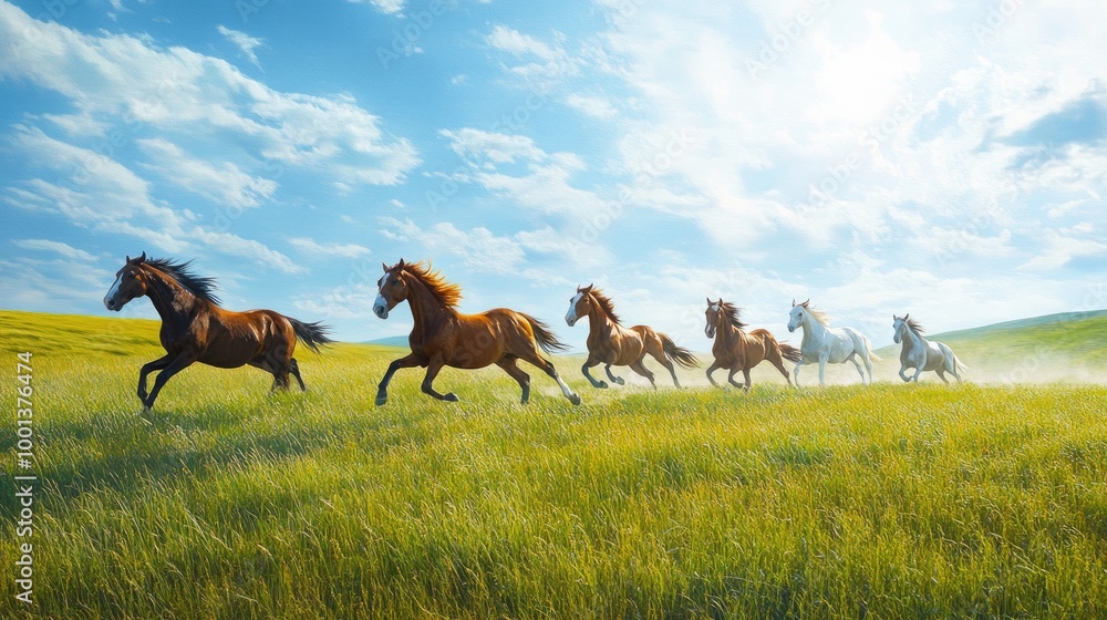 Fototapeta premium Horses galloping through a green field in a vibrant painting, set on a clear and sunny day. A perfect image for wallpaper or a beautiful wall piece.