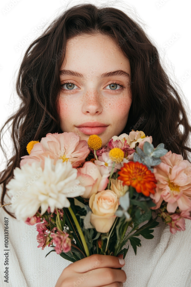 A woman is holding a bouquet of flowers in her hand. on transparent background png A woman is holding a bouquet of flowers in her hand. on transparent background png