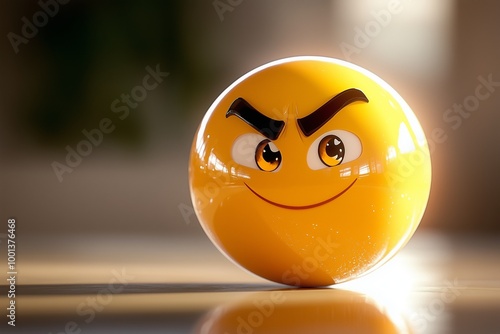 A smirking emoji with a raised eyebrow, its glossy surface reflecting soft light, set against a neutral background.