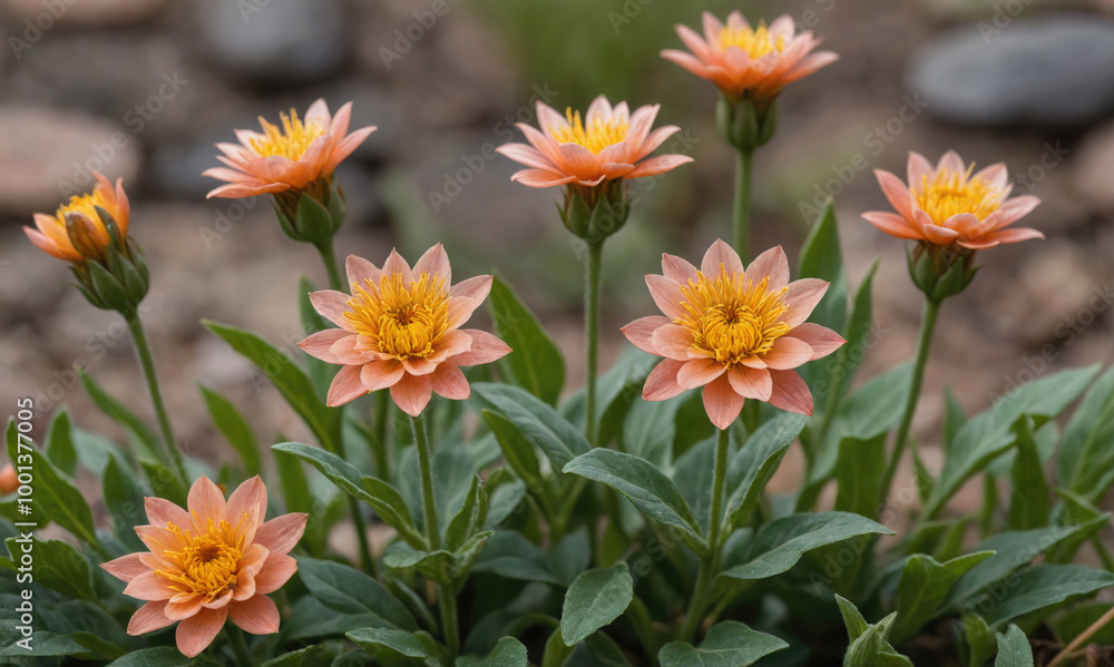 Pink and yellow flowers bloom in a garden setting Pink and yellow flowers bloom in a garden setting