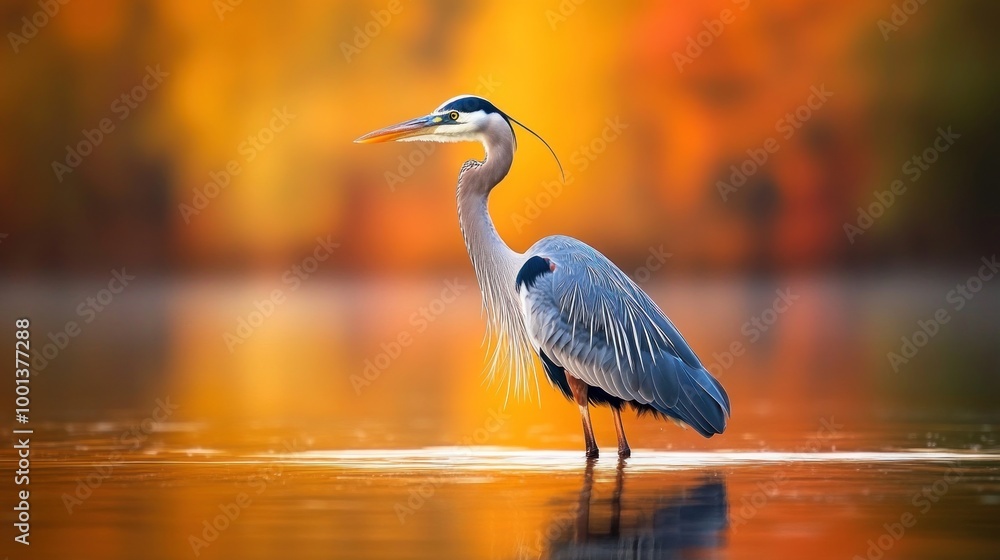 Naklejka premium A heron stands gracefully in calm waters, surrounded by vibrant autumn foliage.