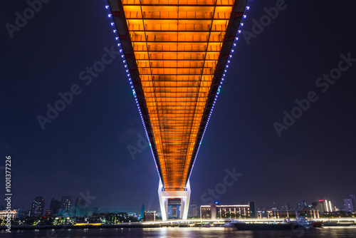 Photography Night view of lights of Nanpu Bridge in Shanghai, China