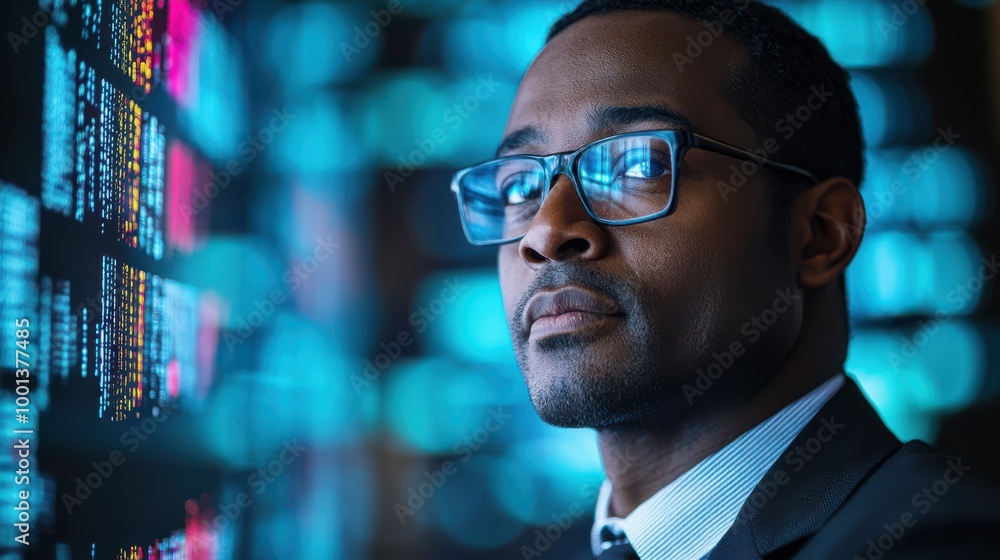 Businessman Looking at Data on a Screen in a Modern Office Businessman Looking at Data on a Screen in a Modern Office