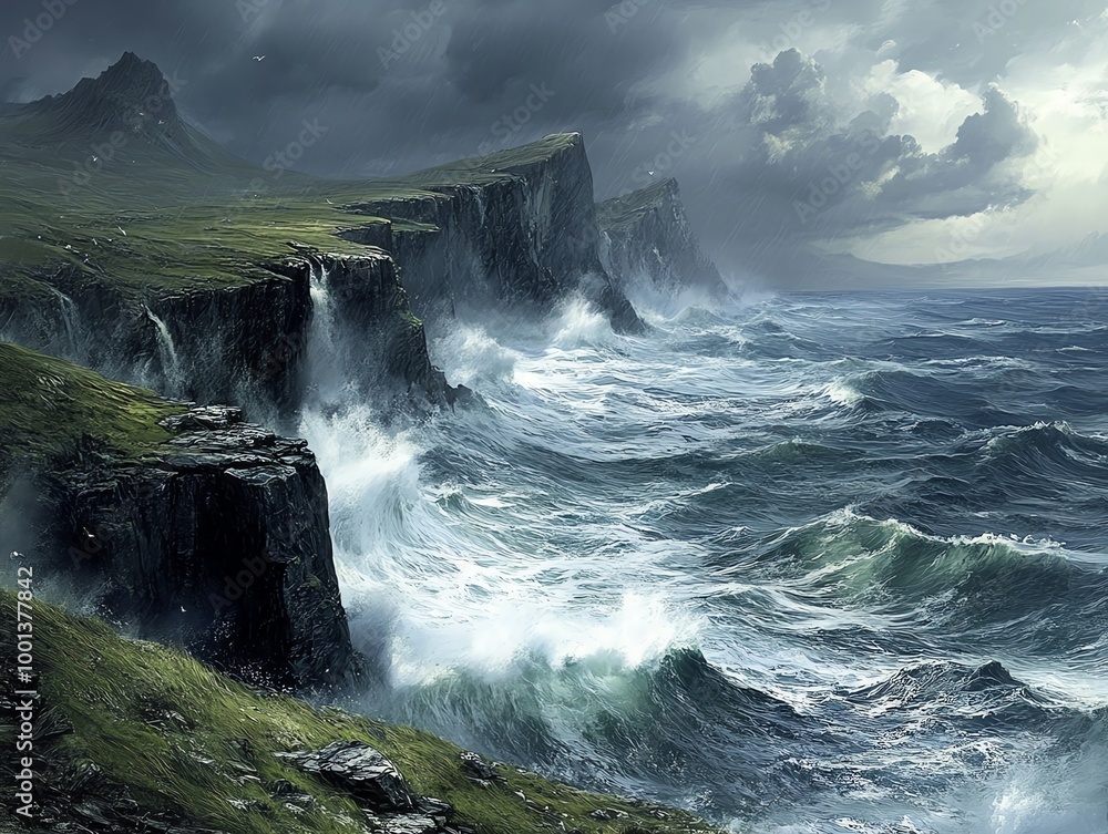 Obraz premium Dramatic seascape with steep cliffs and crashing waves.