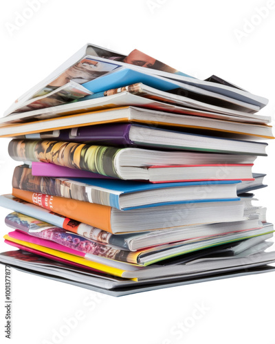 A stack of books with a magazine on top. on transparent background png