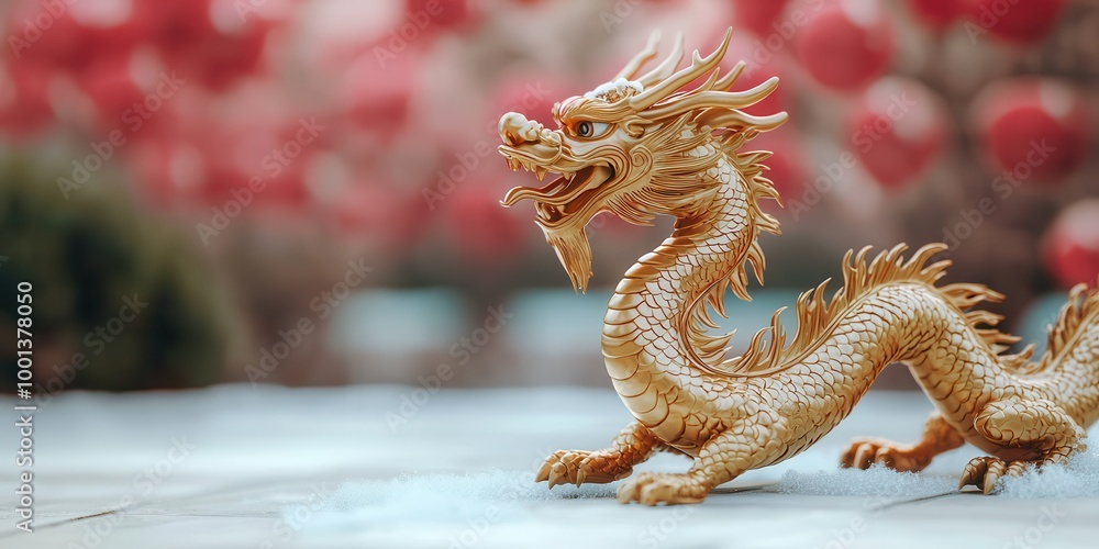 Fototapeta premium A detailed, golden dragon statue stands against a blurred background of colorful lanterns, symbolizing prosperity and cultural significance.