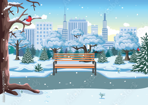 Winter city park with benches, paths, snow-covered trees against the backdrop of a large city with skyscrapers. Vector illustration of beautiful winter nature.