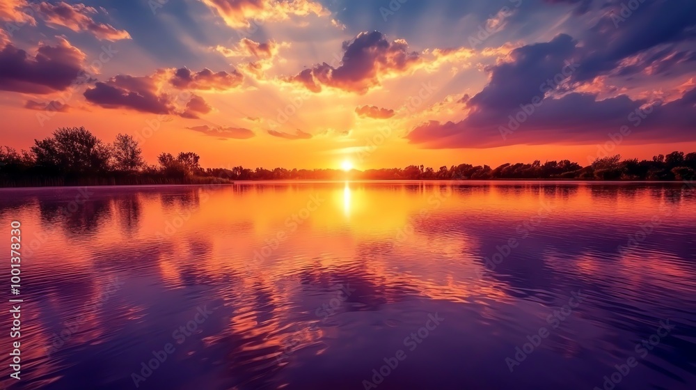 Dramatic sunset over a calm lake with a reflection of the sky and clouds in the water. Dramatic sunset over a calm lake with a reflection of the sky and clouds in the water.