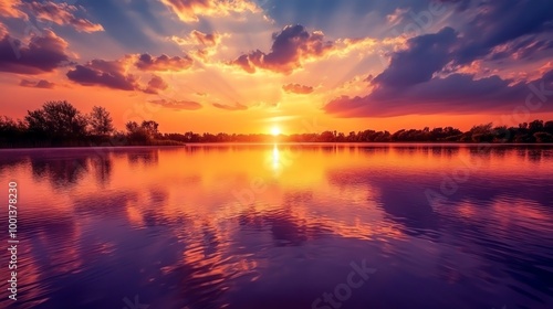 Dramatic sunset over a calm lake with a reflection of the sky and clouds in the water.