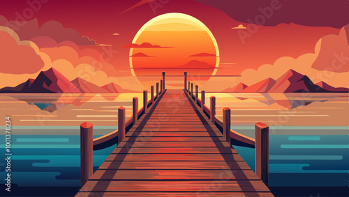 A wooden dock or pier extending into a body of water, with a bright orange sun setting in the background against a hazy, reddish sky