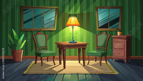 A wooden table with a lamp and two chairs in a dimly lit room with green walls