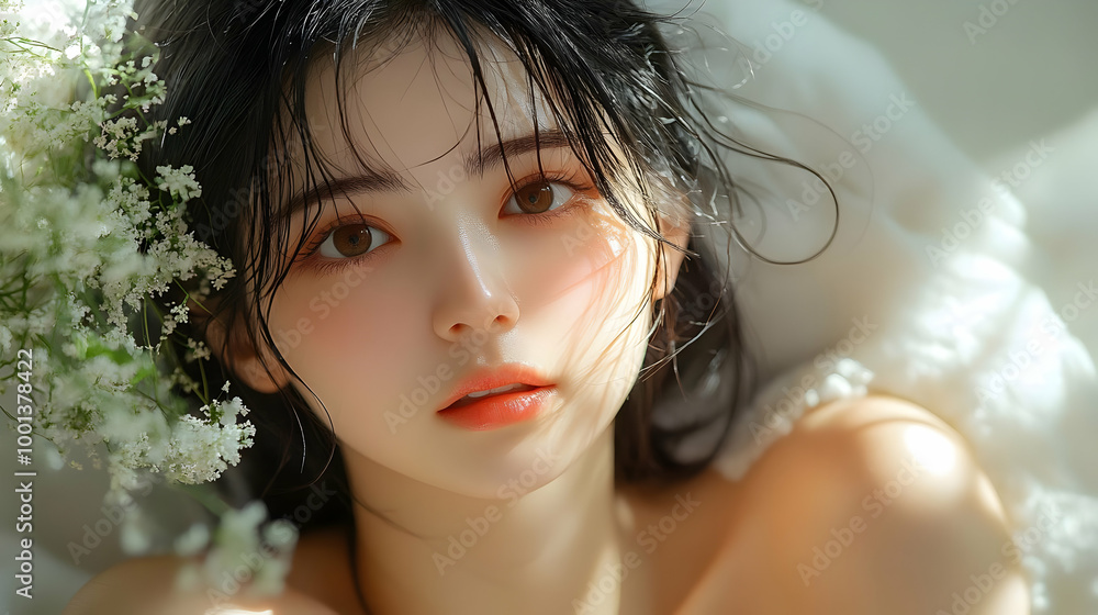 Soft Light, Gentle Touch: Woman's Portrait with Flowers Soft Light, Gentle Touch: Woman's Portrait with Flowers