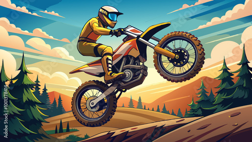 motocross rider on a motorcycle vector illustration cartoon, mountains and trees background, jumping