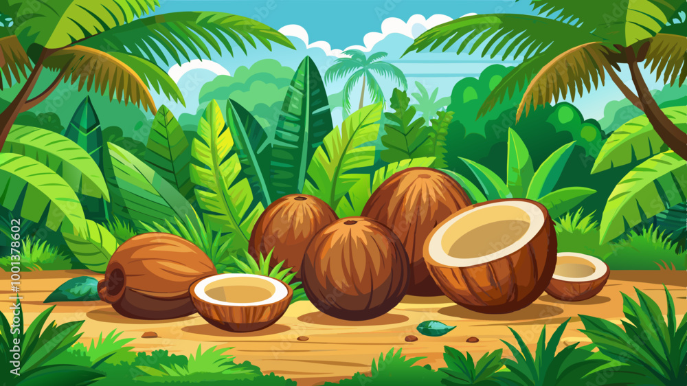 Obraz premium Coconuts on the ground surrounded by lush green tropical foliage, including palm leaves and ferns