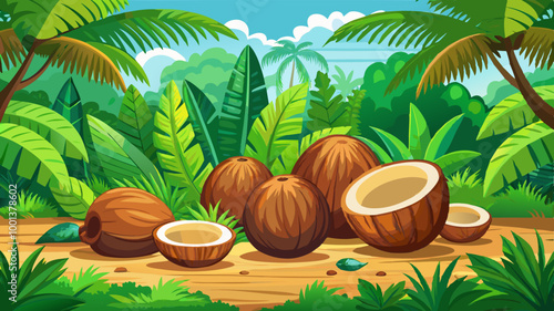 Coconuts on the ground surrounded by lush green tropical foliage, including palm leaves and ferns