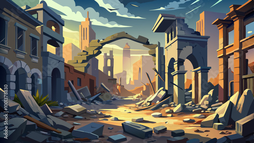 Destroyed buildings and debris in a war-torn city street, with a partially collapsed archway in the foreground