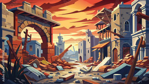 Destroyed buildings and debris in a war-torn city street, with a partially collapsed archway in the foreground