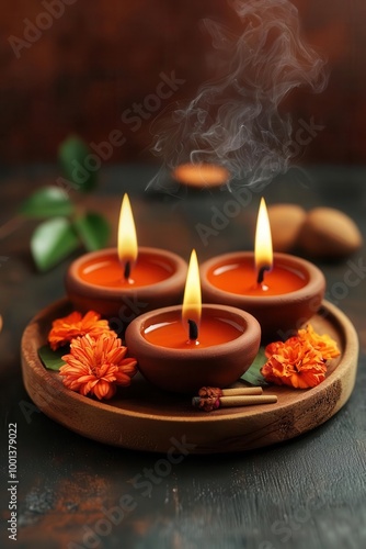 Puja thali, with offerings, flowers, and incense, 3D illustration