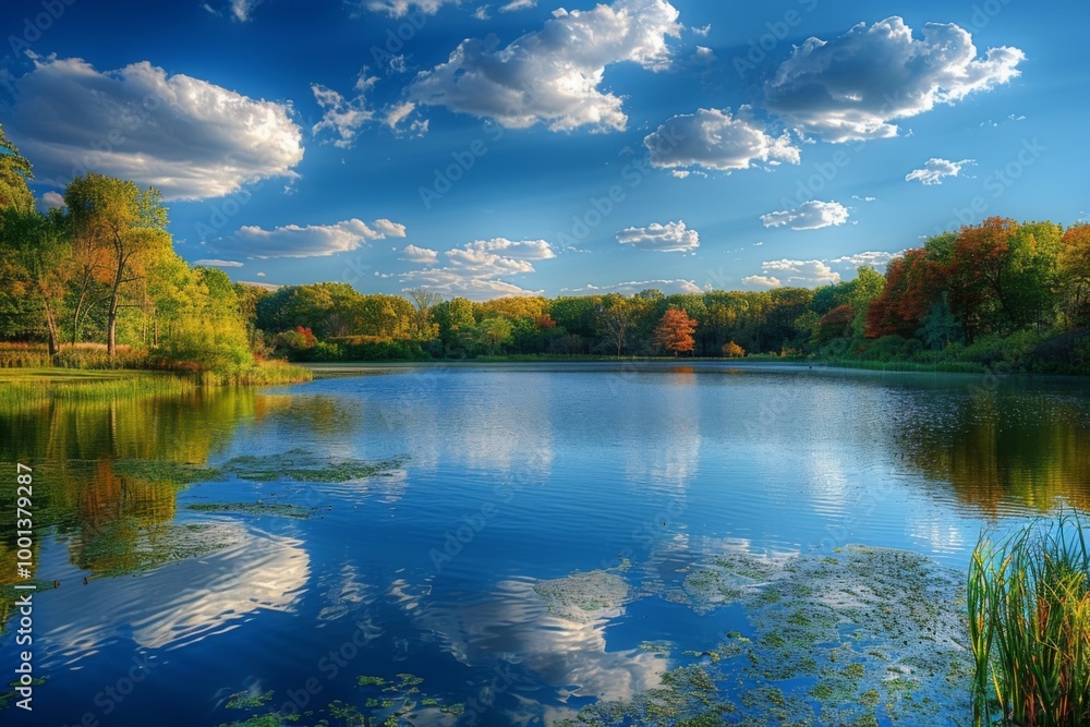 Beautiful Lake in New Jersey with Trees, Grass, and Cloudy Sky Beautiful Lake in New Jersey with Trees, Grass, and Cloudy Sky