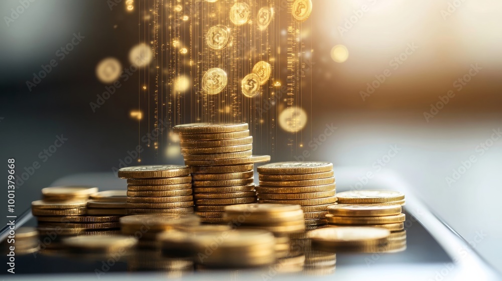 A pile of gold coins sits atop a smartphone, with a shimmering digital effect suggesting wealth and financial growth. A pile of gold coins sits atop a smartphone, with a shimmering digital effect suggesting wealth and financial growth.