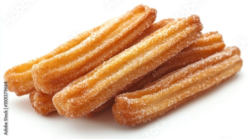 Delicious churros, golden brown, on a white background. Crispy fried theme.