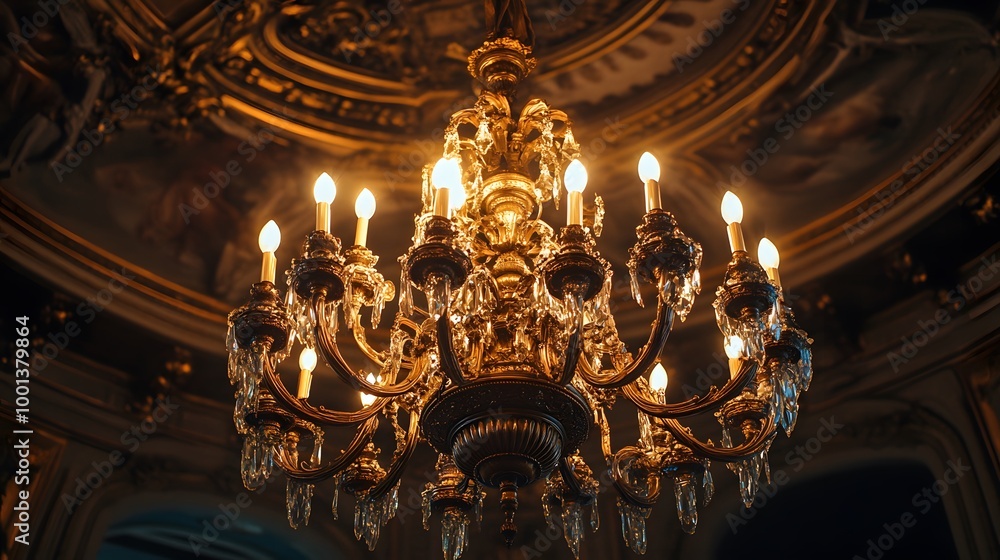 Obraz premium Elegant Gold Chandelier with Crystal Drops in a Historical Setting