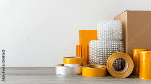 collection of moving supplies including bubble wrap, packing tape, and cardboard boxes, perfect for organizing and protecting items during relocation
