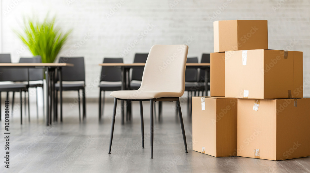 empty meeting room features stack of cardboard boxes beside single chair, creating sense of anticipation and readiness for future gatherings empty meeting room features stack of cardboard boxes beside single chair, creating sense of anticipation and readiness for future gatherings