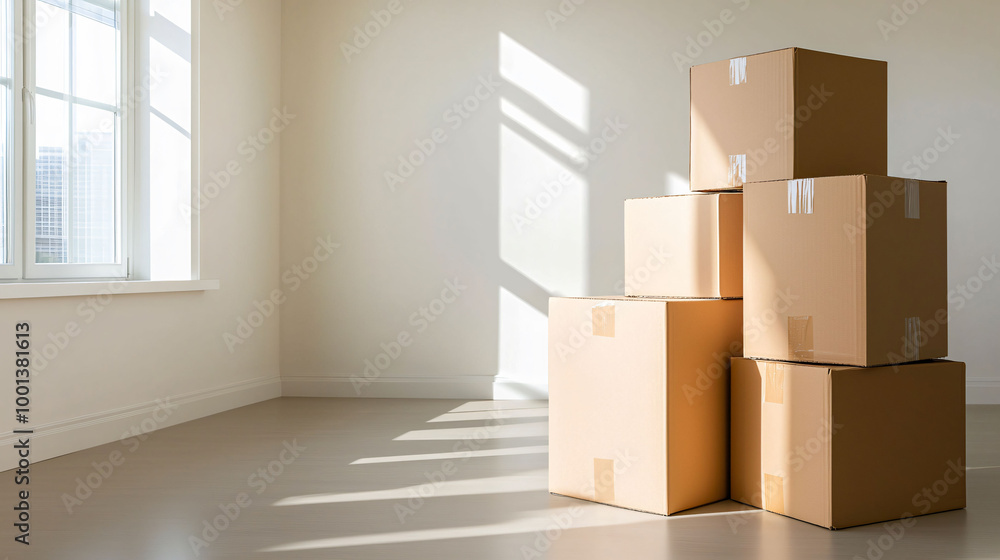 Neatly stacked moving boxes in empty office corner create sense of anticipation and organization. sunlight streaming through window adds warmth to space Neatly stacked moving boxes in empty office corner create sense of anticipation and organization. sunlight streaming through window adds warmth to space