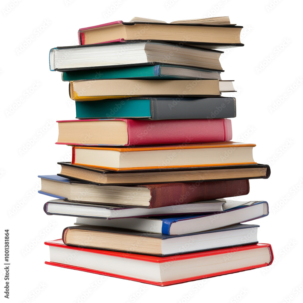 A stack of books with the top book being a red book. on transparent background png A stack of books with the top book being a red book. on transparent background png