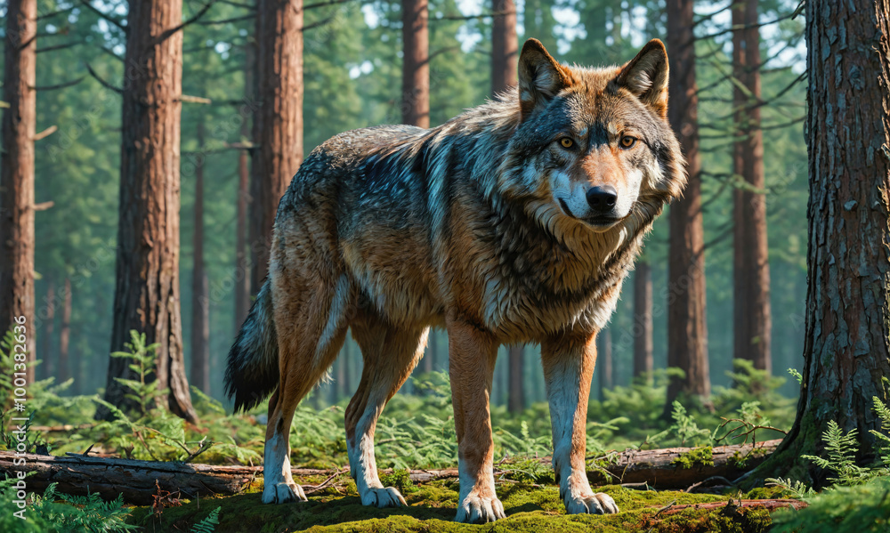 Obraz premium A wolf stands in a forest, its fur blending with the surrounding trees and greenery