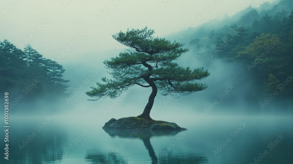 Lone Pine Tree on a Small Island Surrounded by Mist in a Serene Lake Landscape Lone Pine Tree on a Small Island Surrounded by Mist in a Serene Lake Landscape