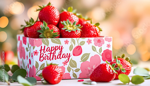 Ai generative beautiful strawberry in a paper box as a birthday gift suitable for use as an image in design