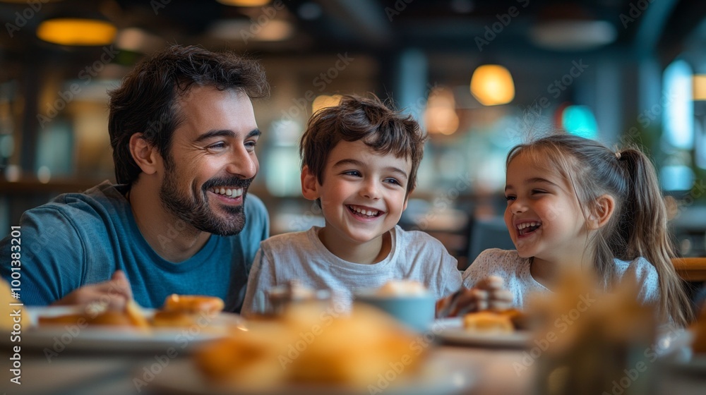 A man, a boy and a girl are sitting at a table with food in front of them A man, a boy and a girl are sitting at a table with food in front of them