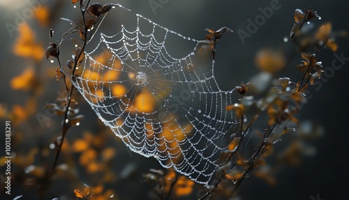 Morning dew glimmers on a spider’s web nestled among leaves at dawn, showcasing nature's delicate artistry in soft light