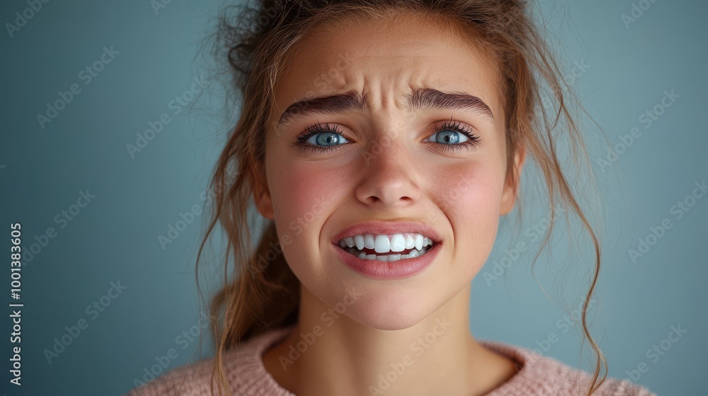 Woman with surprised expression blue eyes and white teeth portrait Woman with surprised expression blue eyes and white teeth portrait