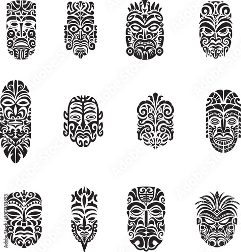 Art & IlTraditional tribal masks featuring intricate patterns and designs from various cultures displayed in a grid layoutlustration